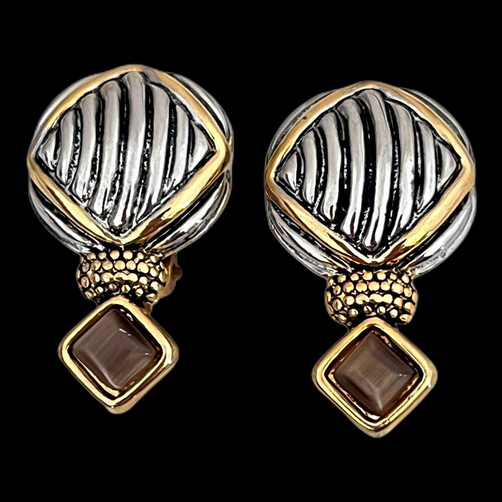 Vintage 1980s Cable Design Earrings Blue Moonglow Mixed Metal Clip - 6G